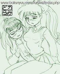 alexandra_(kamitora) bow brown_hair circumcised circumcised_futa circumcision_scar clothing futa_sans_balls futa_with_female futanari glasses green_eyes handjob imminent_oral intersex kamitora monochrome multiple_girls oral penis ponytail rachel_(kamitora) sketch skirt