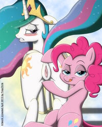 alicorn ass blue_eyes equine female foxychris friendship_is_magic hair horn horse looking_at_viewer looking_back multicolored_hair my_little_pony pink_eyes pink_hair pinkie_pie_(mlp) pony princess princess_celestia_(mlp) pussy royalty smile straight_hair wings