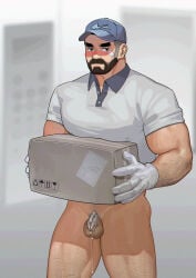 1boy absurdres bandaid bandaid_on_cheek bandaid_on_face bara baseball_cap beard blush bottomless box cardboard_box chastity_cage commentary connected_beard covered_nipples cowboy_shot delivery employee_uniform english_commentary facial_hair flaccid frown full_beard gloves gradient_beard gradient_hair hat highres holding holding_box large_pectorals looking_at_viewer male_focus mature_male multicolored_hair muscular muscular_male original pectoral_lift pectorals pectorals_rest penis peterhl precum precum_drip shirt short_hair solo sparse_leg_hair standing thick_arm_hair thick_beard thick_eyebrows uncensored white_gloves