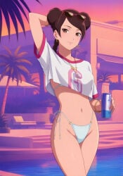 1girls ai_generated bare_shoulders bikini bottomless braid breasts brown_eyes brown_hair can chscreenshots cleavage double_bun drink drinking_straw earrings english_commentary grand_theft_auto grand_theft_auto_vi gta_vi_cover_girl hair_bun highres holding_object long_hair looking_at_viewer medium_breasts naruto naruto:_the_last naruto_(series) naruto_shippuden navel one_arm_up outdoors parted_bangs pool poolside red_bikini shirt side-tie_bikini small_breasts smile soda soda_can solo straw string_bikini sunglasses sunglasses_on_head swimsuit tenten twin_braids underboob