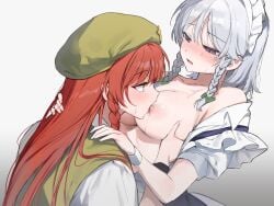 2girls beret bow braid breast_sucking breasts grabbing_another's_breast gradient_background green_bow green_hat green_vest grey_background grey_hair groping hairbow hand_on_another's_shoulder hat hong_meiling long_hair maid_headdress medium_breasts medium_hair multiple_girls open_clothes open_shirt puffy_short_sleeves puffy_sleeves red_hair sakuya_izayoi sarukana shirt short_sleeves side_braids touhou upper_body vest white_background white_shirt wrist_cuffs yuri