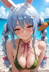 1girl ai_generated animal_ear_fluff animal_ears armpit_crease bare_shoulders beach bikini blue_hair blue_sky blush bow braid breasts carrot carrot_hair_ornament choker cleavage closed_mouth cloud cloudy_sky collarbone day extra_ears fang fang_out flower food-themed_hair_ornament green_bikini hair_between_eyes hair_bow hair_flower hair_ornament hairclip halterneck kermixx lens_flare light_blue_hair lips long_hair looking_at_viewer medium_breasts multicolored_hair navel neck_ribbon o-ring o-ring_bikini o-ring_top ocean orange_eyes outdoors patreon_username pink_bow pink_choker pink_ribbon rabbit-shaped_pupils rabbit_ears rabbit_girl red_eyes ribbon ribbon_choker short_eyebrows side-tie_bikini_bottom skin_fang sky smile solo stomach string_bikini sun sunlight swimsuit thick_eyebrows touhou twin_braids twintails two-tone_hair upper_body usada_pekora virtual_youtuber water wet wet_swimsuit white_flower white_hair