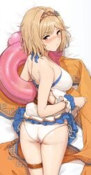 1girls akita_hika ass ass_focus bikini blonde blonde-haired_female blonde_female blonde_hair blue_swimsuit blush blushing bob_cut breasts breasts_out brown_eyes djeeta_(granblue_fantasy) dress_swimsuit exposed_breasts female granblue_fantasy medium_breasts official_alternate_costume short_hair swimsuit white_bikini