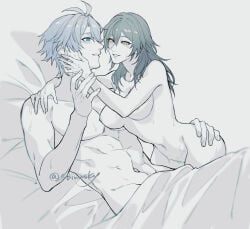 1boy 1girl after_sex bed_sheet blue_eyes breasts commentary_request couple grey_hair greyscale hetero honkai:_star_rail honkai_(series) medium_hair monochrome naked_sheet nipples phainon_(honkai:_star_rail) sb_(sbixinsky) short_hair smile spot_color stelle_(honkai:_star_rail) sweat thighs trailblazer_(honkai:_star_rail) yellow_eyes