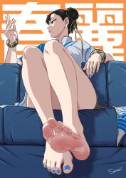 1girls 2025 2d 2d_(artwork) bare_legs barefoot black_footwear blurry blurry_background bracelet breasts brown_eyes brown_hair china_dress chinese_clothes chun-li chun-li_(street_fighter_6) closed_mouth clothing clothing_cutout double_bun dress earrings eyeshadow feet female female_only fingernails flats footwear full_body hair_bun hair_ribbon human human_only jewelry kneeling light-skinned_female light_skin lips makeup medium_breasts nail_polish no_panties no_sex painted_nails painted_toenails pelvic_curtain realistic_proportions ribbon shoes short_sleeves shukeiart slim_female slim_girl slim_waist smile soles soles_female soles_fetish solo solo_female street_fighter tagme thick_thighs thighs tied_hair toes white_border white_dress yellow_ribbon