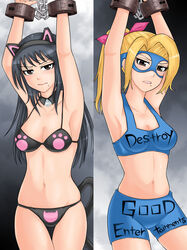 2girls animal_ears arms_up beauty_mark bikini black_hair blonde_hair blush bondage breasts brown_eyes cleavage cuffs female female_only hamu_agaki mask medium_breasts mole multiple_girls multiple_subs ponytail shorts small_breasts swimsuit tail thigh_gap wrist_cuffs