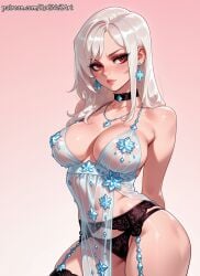 1girl 2026 ai_generated anime arms_behind_back artoria_pendragon_(fate) artoria_pendragon_(lancer_alter)_(fate) bangs bare_shoulders black_choker black_panties black_thighhighs blush boobs breasts choker cleavage collarbone cosplay crossover earrings eye_contact female female_focus flushed garter_belt highres huge_breasts jewelry large_breasts lingerie lips long_hair looking_at_viewer necklace nsfw panties patreon pink_background red_eyes rognezart sally_whitemane see-through solo thick_thighs thighhighs thighs underwear very_long_hair warcraft white_hair world_of_warcraft