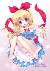 barefoot blonde_hair blue_eyes bluetheater feet long_hair panties pussy ribbon shanghai_doll solo touhou uncensored underwear