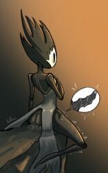 1girl black_body blush blush_lines blushing blushing_female bug bug_girl hollow_knight hollow_knight:_silksong hollow_knight_(franchise) insect insect_girl masturbating masturbation object_in_ass object_insertion phantom_(hollow_knight) pussy pussy_juice rock shaking shaking_legs solo solo_female team_cherry