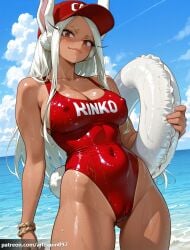 1girl ai_generated animal_ears arlequin097 ass_visible_through_thighs bare_shoulders baseball_cap beach blue_sky blush bracelet breasts cameltoe casual_one-piece_swimsuit cleavage closed_mouth clothes_writing cloud collarbone covered_navel covered_nipples cowboy_shot dark-skinned_female dark_skin day hat highleg highleg_swimsuit holding holding_swim_ring innertube jewelry large_breasts lips long_eyelashes long_hair looking_at_viewer mirko miruko my_hero_academia ocean one-piece_swimsuit outdoors parted_bangs rabbit_ears rabbit_girl rabbit_tail red_eyes red_headwear red_one-piece_swimsuit shiny_clothes shiny_skin sky smile solo standing swim_ring swimsuit tail tan thick_thighs thighs toned very_long_hair water wet wet_clothes wet_swimsuit white_hair
