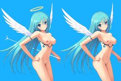 angel blue_eyes blue_hair blush breasts character_request cygnus halo nude original photoshop pubic_hair pussy pussy_juice staff tattoo uncensored wet wings