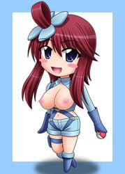 anime_style bad_id boots breasts clothing female female_only front_view gym_leader huge_eyes huge_head human kei_(milky_well) nintendo nipples open_clothing pale_skin pokemon pokemon_bw skyla_(pokemon) solo standing tagme undressing