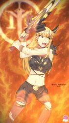 blonde_hair breasts cleft_of_venus completely_nude earrings female fighting_stance fire holding holding_sword hoop_earrings jewelry long_hair magik_(marvel_rivals) marvel marvel_rivals medium_breasts navel nipples nude open_mouth pussy solo sword weapon weapon_holding 生ドーナツ_donatsu