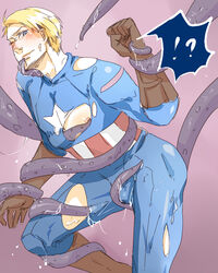 alfred_jones america_(hetalia) avengers axis_powers_hetalia blonde_hair blue_eyes blush bulge captain_america_(cosplay) captain_america_(series) gay male male_nipples male_only marvel tentacle tentacle_on_male tentacles_on_male tentacles_under_clothes torn_clothes yaoi