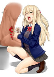 artificial_vagina black_legwear blazer blonde_hair blush bow closed_eyes clothed_female_nude_male female highres human human_only k-on! kneehighs kneeling lappuru loafers long_hair male open_mouth panties pantyshot parody penis school_uniform shoes simple_background skirt straight sweat sweater_vest tsumugi_kotobuki_(k-on!) underwear