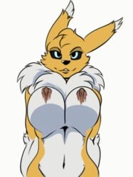 animated anthro big_breasts black_nose black_sclera blue_eyes bouncing_breasts breasts canine chest_tuft digimon female female_only fur huge_breasts looking_at_viewer mammal navel nipples nude renamon simple_background solo standing tuft white_background white_fur yawg yellow_fur