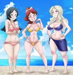 3girls background barbara_parker barefoot beach big_breasts big_breasts bikini bikini_top black_hair blue_eyes bow british_female brown_eyes brown_hair diana_cavendish green_hair hannah_england inkrait little_witch_academia long_hair medium_hair navel pale-skinned_female pale_skin semi_nude skirt thick_thighs thong_bikini