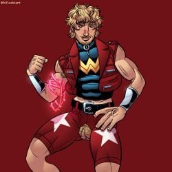 blonde_goatee blonde_male blonde_pubic_hair cassander_sandsmark cassandra_sandsmark cassie_sandsmark clothed earrings genderbent genderswap_(ftm) goatee hairy_armpits hairy_pussy open_zipper pullaskiart rule_63 through_fly trans_male trans_man wonderboy zipper_down