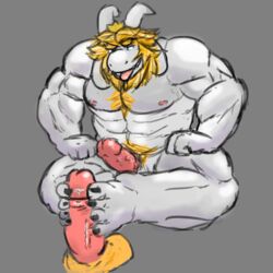 2017 4_toes anthro asgore_dreemurr blonde_hair boss_monster caprine claws cocoronut crown disembodied_penis erection facial_hair feet foot_fetish footjob goat grey_background hair horn male male_only mammal nude penis sex simple_background toe_claws toes tongue tongue_out undertale vein veiny_penis video_games yaoi