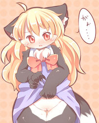 blonde_hair blush bow canine chest_tuft clothes dress embarrassed exposed gaoru hair japanese_text long_hair mammal mcdonnell-douglas pussy skirt_lift solo standing text wolf