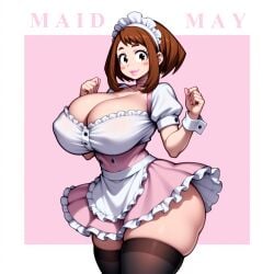 ai_generated boku_no_hero_academia buttoned_cuffs choker corset cuffs english_text female frilled_shirt frilled_skirt frilled_top huge_ass huge_breasts layered_skirt lipstick maid maid_headdress maid_may maid_uniform may_(month) my_hero_academia novelai ochako_uraraka short_sleeves simple_background skindentation skirt_up smile solo tgm101_(artist) thick_lips thick_thighs thighhighs thin_waist uraraka_ochako waist_apron wide_hips wrist_cuffs