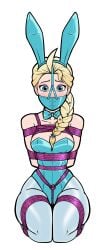 1girls arms_tied_behind_back blonde_hair bondage bound bowtie box_tie breasts bunny_ears bunnysuit crotch_rope elsa_(frozen) fake_animal_ears female frozen frozen_(film) gag gagged harness_muzzle_gag kneeling large_breasts latex legs_tied leotard long_hair looking_at_viewer muzzle_gag muzzled panel_gag playboy_bunny restrained rope rope_bondage shibari_over_clothes shiny_clothes strapless strapless_leotard tiara tied_up tight_clothing wossarem