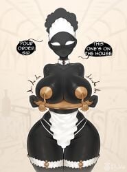 1girls beholder_(game) beholder_(series) big_breasts black_body breasts dryvial female female_focus female_only large_breasts looking_at_viewer nipple_slip presenting_breasts solo solo_female solo_focus