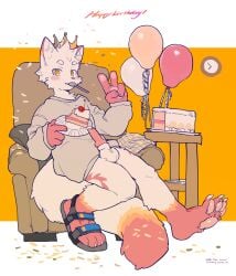 4_fingers 4_toes animal_genitalia animal_penis anthro armchair balloon balls biped birthday_cake cake canid canine canine_genitalia canine_penis chair cherry claws clothed clothing dessert dipstick_tail english_text erection eyebrows feet fingers food fox fruit fur furniture genitals gesture hand_gesture hi_res inflatable kemono knot male mammal markings milkybot pawpads penis pink_pawpads plant solo tail tail_markings text toes v_sign white_body white_fur