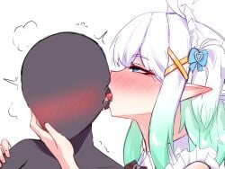 1boy 1girls 2d ahoge blue_eyes blush cgator ear_licking female green_hair light-skinned_female light_skin maid maid_headdress maid_uniform male medium_hair mint_fantome multicolored_hair open_mouth saliva tongue tongue_out uncommon_stimulation virtual_youtuber white_hair