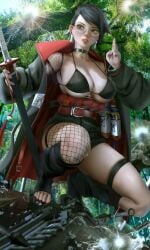 1girls alternate_version_available big_breasts black_hair black_jacket boruto:_two_blue_vortex breasts cleavage clothed female female_only fishnets from_below glasses jacket kunai large_breasts naruto naruto_(series) orca.huang orca54896 red_eyes sarada_uchiha scroll sharingan short_hair shounen_jump solo_focus sword thighs uchiha_sarada