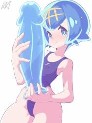 1female 1girls big_dildo blue_eyes blue_hair blush dildo female female_focus female_only flat_chest flat_chested holding_dildo holding_object huge_dildo kaikoinu lana_(pokemon) looking_at_viewer nipple_bulge one-piece_swimsuit pokemon pokemon_sm short_hair smile smiling smiling_at_viewer swimsuit swimwear thighs white_background