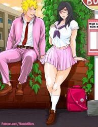 1boy 1girls belt big_breasts blazer borusara boruto:_naruto_next_generations boruto_uzumaki breasts bus_stop busty_female canon_couple couple eyewear female glasses ivy_(plant) loafers male naruto_(series) narutofillers patreon patreon_username sarada_uchiha scar school school_uniform schoolgirl skirt thick_thighs tie uzumaki_boruto watermark