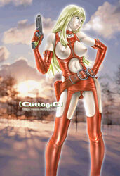 belt blonde_hair breastless_clothes breastless_clothing breasts cameltoe clitlogic exposed_breasts gun large_breasts latex latex_suit mihoto_kouji upskirt weapon