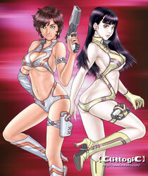 2girls ass ass_cleavage belt black_hair boots breasts butt_crack cameltoe clitlogic cosplay costume curvaceous dark-skinned_female dark_skin dirty_pair duo female gun hair headband holster human kei_(dirty_pair) large_breasts long_hair looking_at_viewer mihoto_kouji multiple_girls pale-skinned_female pale_skin posterior_cleavage red_hair short_hair standing tomboy weapon yuri_(dirty_pair)