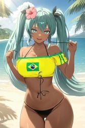 1girl :p ai_generated animated aqua_eyes aqua_hair bangs bare_shoulders beach bikini black_bikini black_swimsuit blue_eyes blue_sky blush brazilian_miku breasts busty clavicle cleavage clothing cloud cowboy_shot dancing dark-skinned_female dark_skin day female female_only flower hair_between_eyes hair_flower hair_ornament hatsune_miku hip_sway huge_breasts large_breasts long_hair looking_at_viewer midriff mouth_hold mp4 nail_polish navel no_audio ocean open_mouth outdoors palm_tree pixiv portrait rena_aikawa_(pixiv_user) sand shaking_hips shirt sky smile solo stomach string swimsuit tagme tanlines tanned thighs tied_hair tongue tongue_out tree twintails very_long_hair video vocaloid water