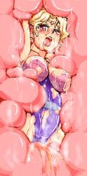 1990s_(style) 1girls blonde_hair blush circlet digestion dissolving_clothes female female_focus final_fantasy final_fantasy_iv flesh_wall leotard namaenazo open_mouth peeing red_eyes rosa_farrell vore