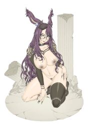 bunny_ears female final_fantasy_xiv functionally_nude functionally_nude_female makudonarudo one_thighhigh very_long_fingernails viera
