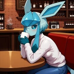 1girls ai_generated anthro bar clothing coffee coffee_cup dressed drinking eeveelution female glaceon hair indoors jeans pokemon pokemon_(species) serbm sitting small_breasts solo sweater table