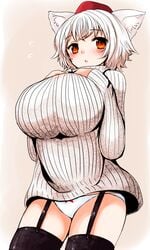 1girls animal_ears black_legwear blush breast_suppress breasts female garter_belt han64 han_(jackpot) hat huge_breasts lingerie momiji_inubashiri orange_eyes panties red_eyes short_hair solo sweater sweater_dress thighhighs touhou underwear white_hair white_panties wolf_ears