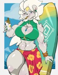 1girls 2025 5_fingers anthro athletic athletic_anthro athletic_female big_breasts blue_eyes bottomwear bracelet breasts chalo cleavage clothed clothing cricetid day ear_piercing ear_ring female female_only fingers food fur genderswap_(mtf) hamster hi_res jewelry las_lindas mammal mtf_crossgender necklace outside piercing portrait pulsar_(chalo) ring_piercing rodent rule_63 rule_63 signature solo standing surfboard teeth three-quarter_portrait topwear white_body white_fur