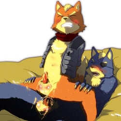 anal anal_sex anthro balls bed blush canine closed_eyes cum cumshot eye_patch fox fox_mccloud fur furry male multiple_males orgasm penetration penis raijin_(artist) reverse_cowgirl_position riding star_fox video_games wolf wolf_o'donnell yaoi