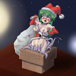 blush female green_hair red_eyes santa tentacle