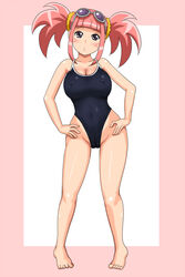 1girls blush breasts dinosaur_king female goggles hands_on_hips kuin large_breasts nipples one-piece_swimsuit pink_hair purple_eyes pussy quinst sega solo standing swimsuit twintails zoe_drake