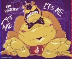 1boy anthro balls bear belly big_belly bowtie dialogue english_text fat fat_belly feet five_nights_at_freddy's furry furry_male furry_only genitals golden_freddy golden_freddy_(fnaf) hat jusosleep large_belly looking_at_viewer male male_nipples male_only mammal moobs nipples obese obese_male open_mouth overweight overweight_male penis solo solo_male testicles text yellow_fur