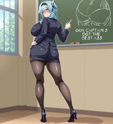 ai_generated angry ass ass_focus blazer breasts chalkboard chalkboard_drawings chalkboard_writing classroom drawing eula_(genshin_impact) fat_ass genshin_impact heels hoyoverse huge_ass huge_breasts large_breasts looking_at_viewer oblivious_sexualization panties_visible_through_clothing pantyhose pencil_skirt pointer school school_desk skirt teacher teacher_outfit text thick_thighs writing