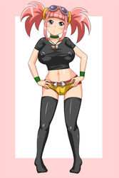 1girls black_legwear blush breasts clothing dinosaur_king erect_nipples erect_nipples_under_clothes hands_on_hips hotpants kuin large_breasts nipples pink_hair purple_eyes quinst ryouiki sega shorts solo standing stockings tied_hair twintails zettai zettai_ryouiki zoe_drake