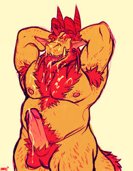 1boy anthro arcarc armpit_hair balls beard cum cum_on_chest cum_on_face cum_on_tongue cum_taste dragon erection facial_hair hair hairy_balls hairy_legs horn leg_hair male male_only muscular nipples penis red_hair redneck sabbath scruffy solo tongue