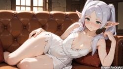 1girl ai_generated amoraart artist_name bare_arms bare_shoulders blush breasts collarbone couch covered_navel dress earrings elf female female_only frieren green_eyes indoors jewelry long_hair looking_at_viewer lying on_couch on_side parted_bangs parted_lips pointy_ears small_breasts solo sousou_no_frieren thighs torn_clothes twintails white_dress white_hair