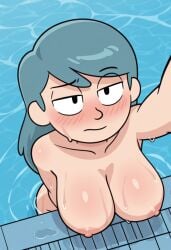 ai_generated blush blush_lines blushing_female embarrassed embarrassed_female embarrassed_naked_female embarrassed_nude_exposure embarrassed_nude_female hilda_(hilda) hilda_(series) holding_phone livestream looking_at_viewer naked naked_female nude nude_female selfie swimming_pool teenage_girl teenager wet wet_body wet_breasts wet_face wet_hair wet_skin
