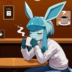 1girls ai_generated anthro bar clothing coffee coffee_cup dressed drinking eeveelution female glaceon hair indoors jeans pokemon pokemon_(species) relaxing serbm sitting small_breasts smile solo sweater table